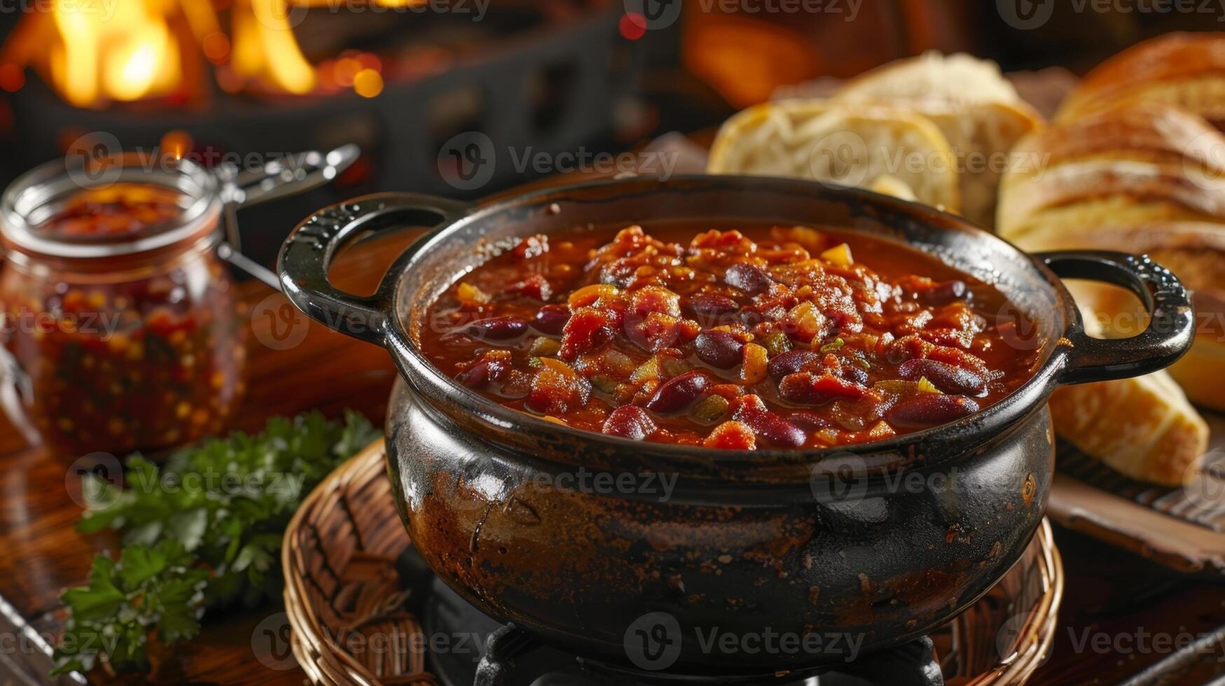 un acogedor invierno noche con un maceta de abundante chile hirviendo en el estufa acompañado por un cesta de artesano un pan y un tarro de picante chipotle salsa foto