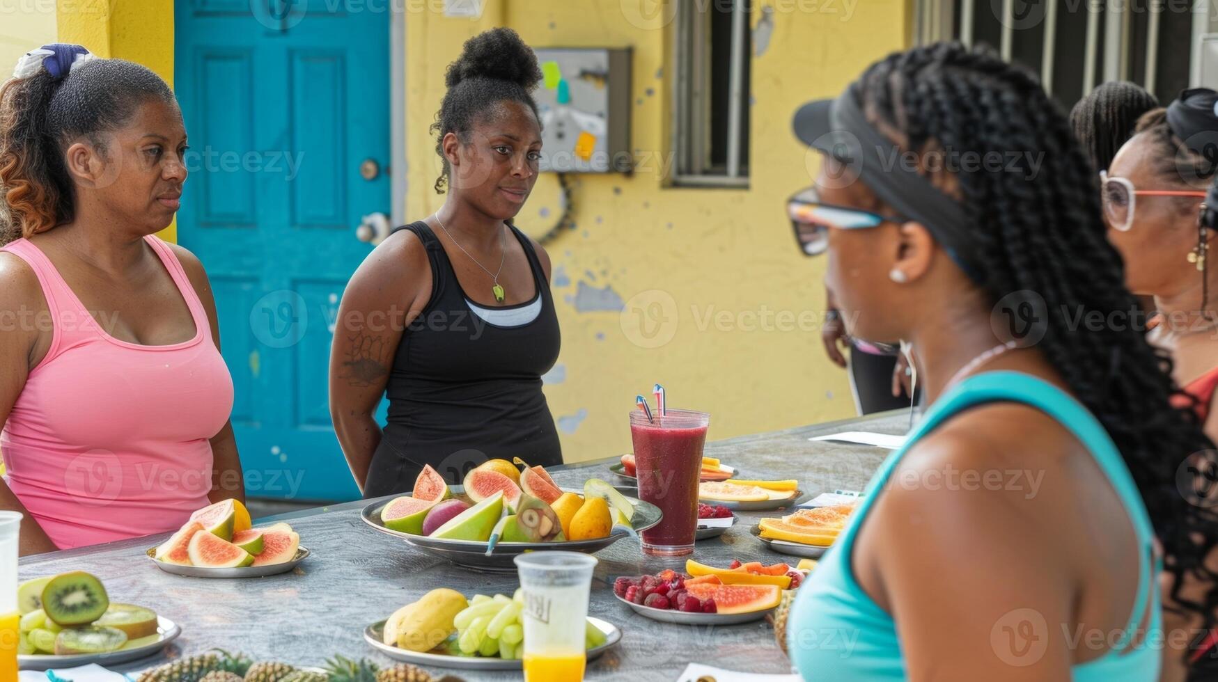 como el rutina de ejercicio sesión viene a un final Participantes reunir alrededor un mesa con platos de Fresco Fruta rebanadas y lentes de nutritivo jugo sensación logrado y refrescado después foto