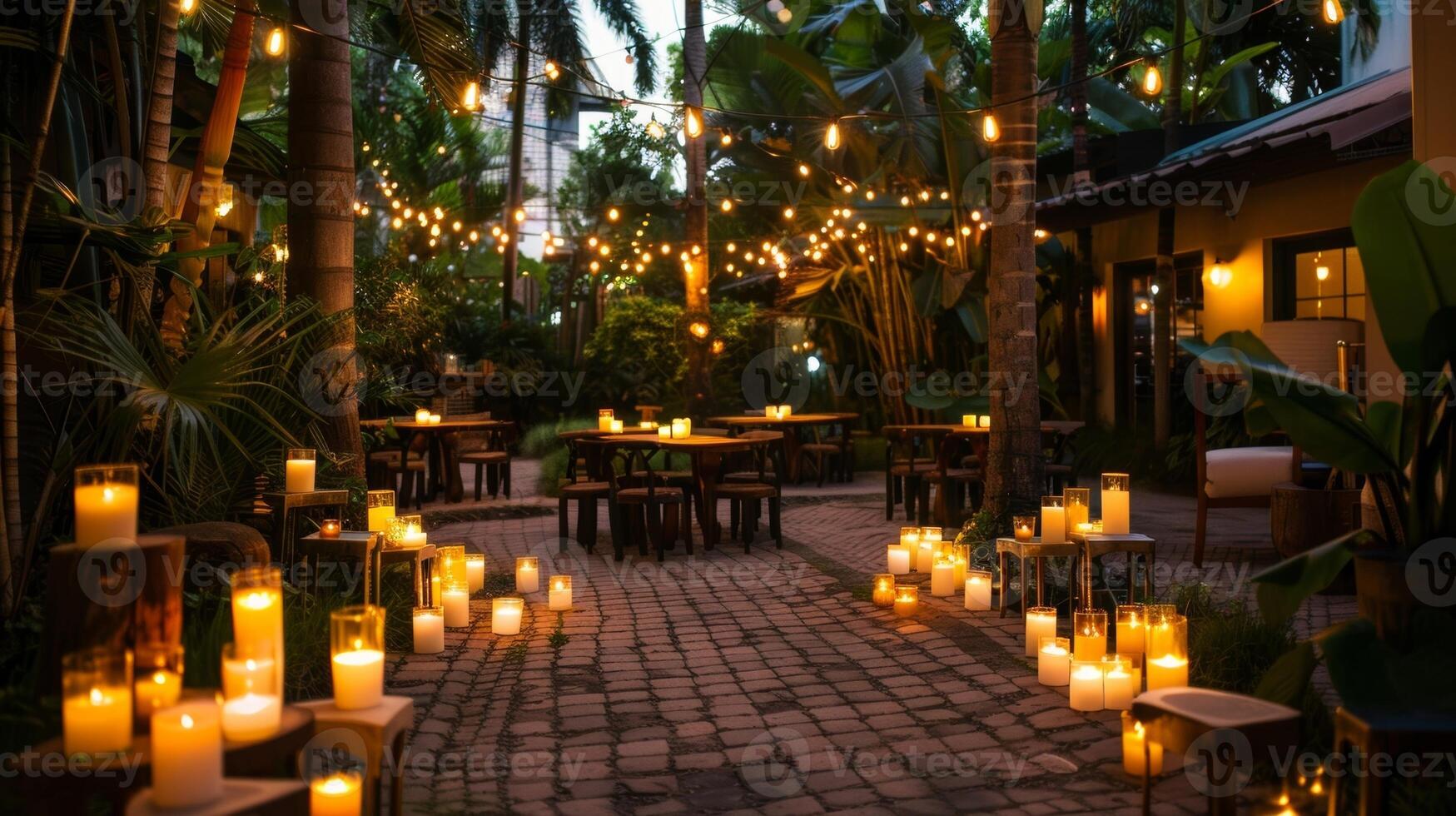 As the sun sets the outdoor space becomes delicately illuminated by a sea of candles setting the perfect ambiance for a mixology class. 2d flat cartoon photo