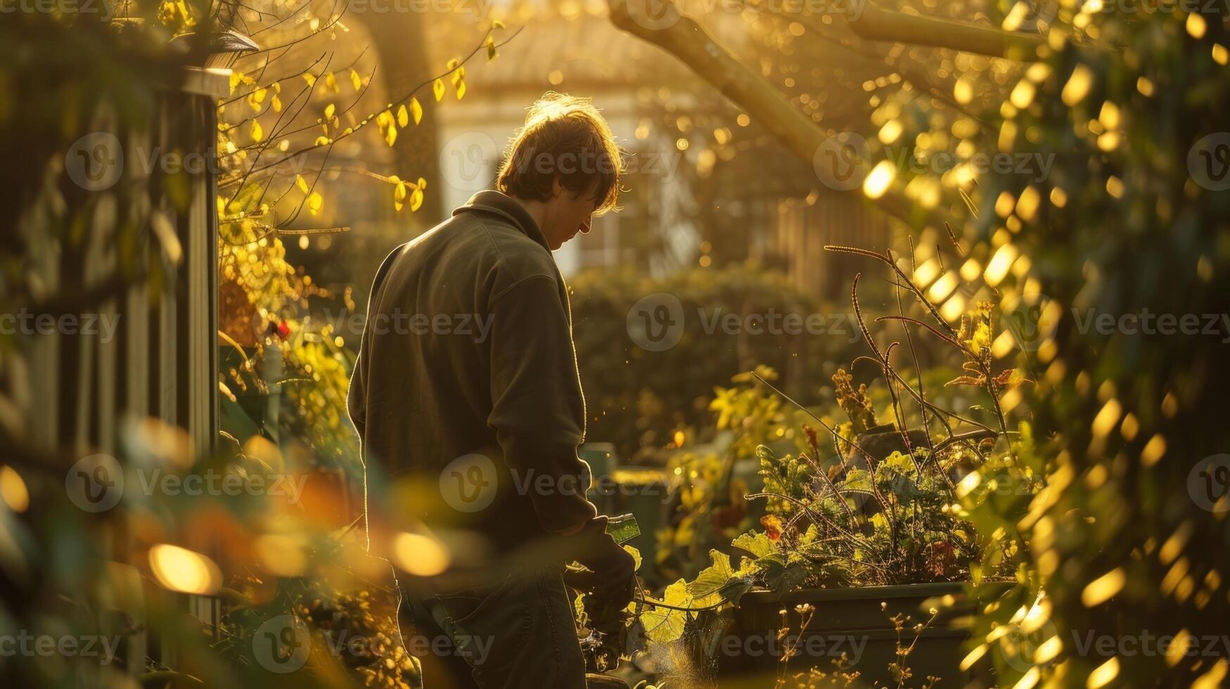 un sinfonía de canto de los pájaros y el amable crujido de hojas como un hombre trabajos en su jardín completamente inmerso en el pacífico sonidos de naturaleza foto