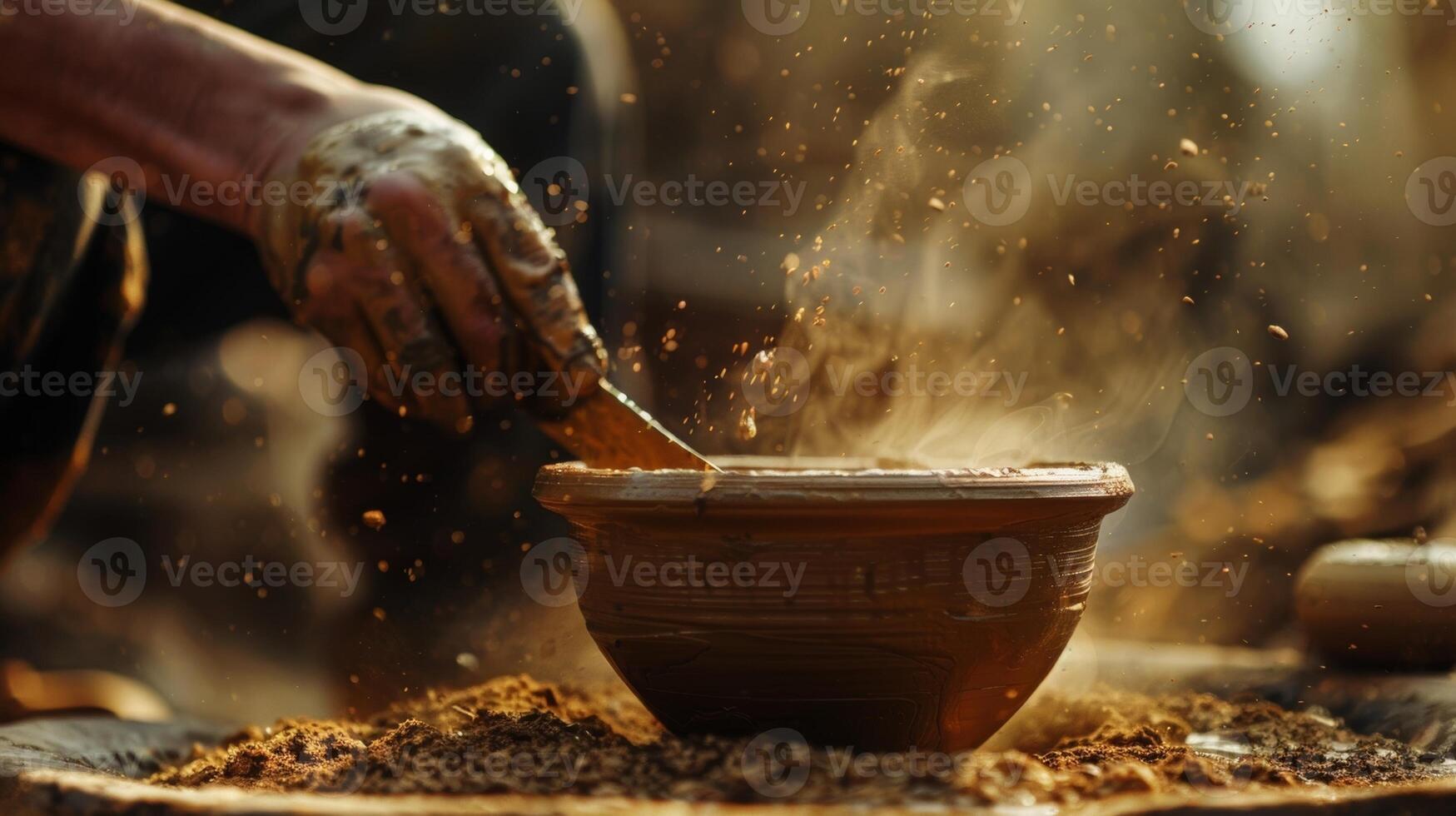 Using a specialized tong technique a potter pulls a piece of pottery out of the firing chamber revealing a smooth glossy surface beneath the layers of charred sawdust. photo