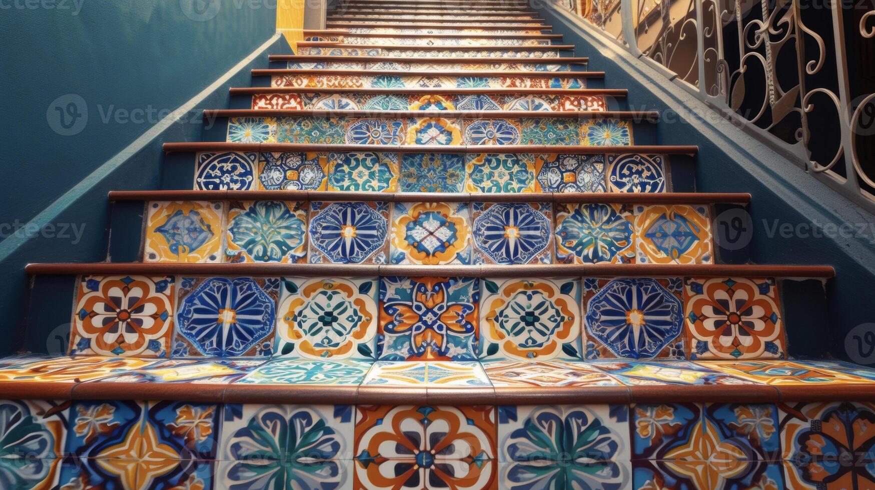 A bold and colorful pattern of Moroccaninspired tiles being meticulously p by tilers on a staircase adding a touch of exoticism to a home photo