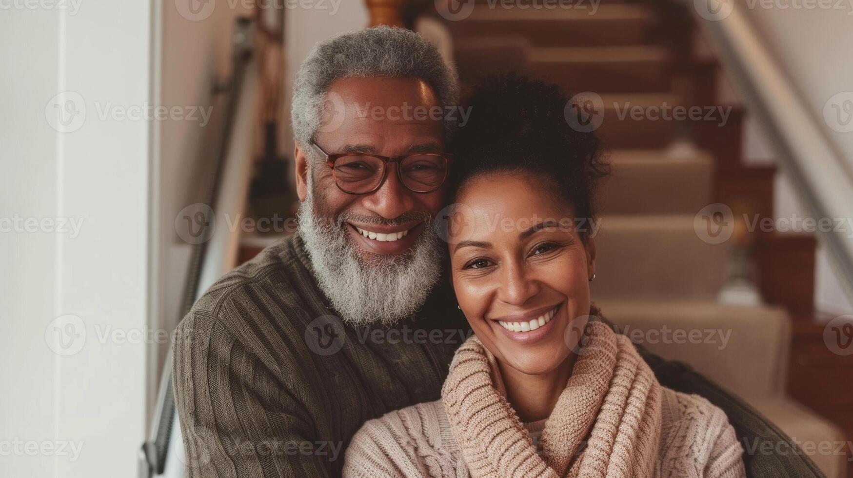 A happy couple embracing at the top of the stairs with a stair lift in the background symbolizing their continued ability to enjoy their home in retirement photo