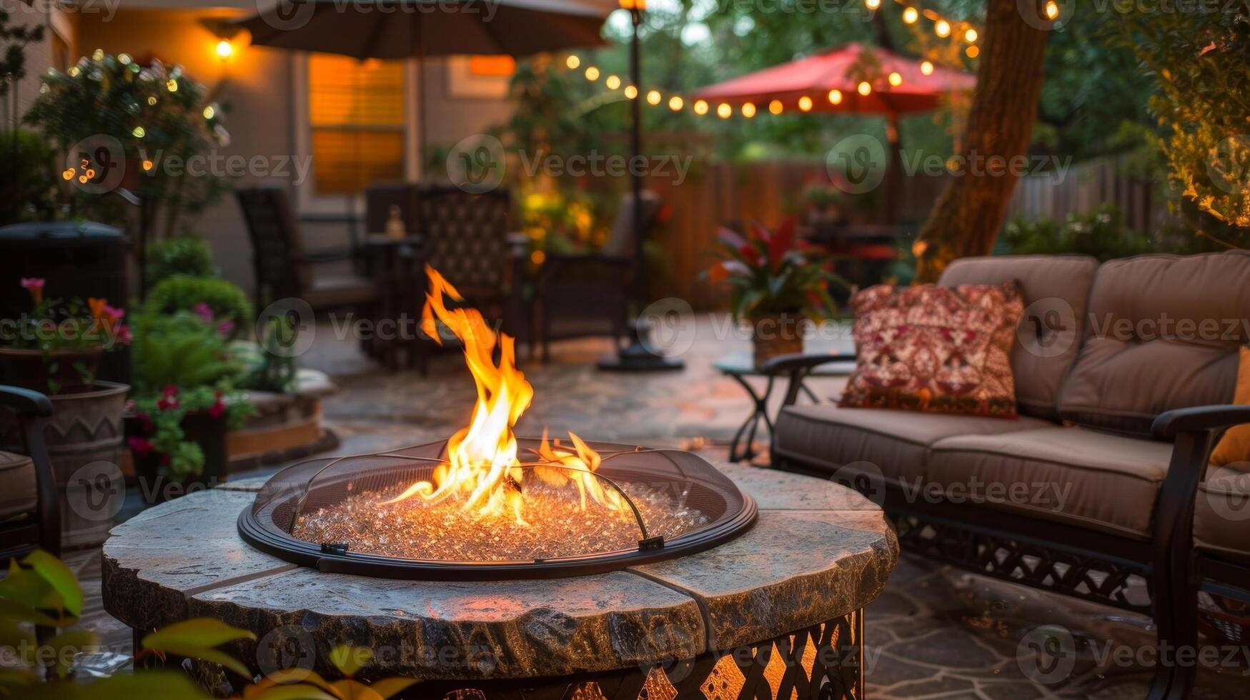 The warm glow of the fire pit creates a welcoming ambiance in this outdoor living space perfect for entertaining. 2d flat cartoon photo