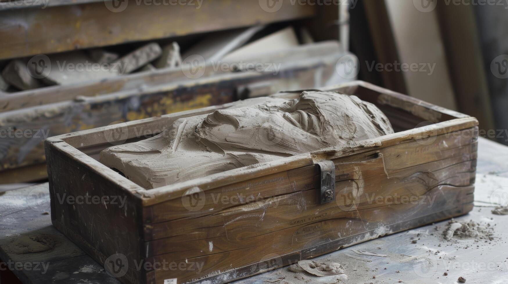 A wooden box filled with soft pliable clay waiting to be molded and shaped into a beautiful sculpture photo