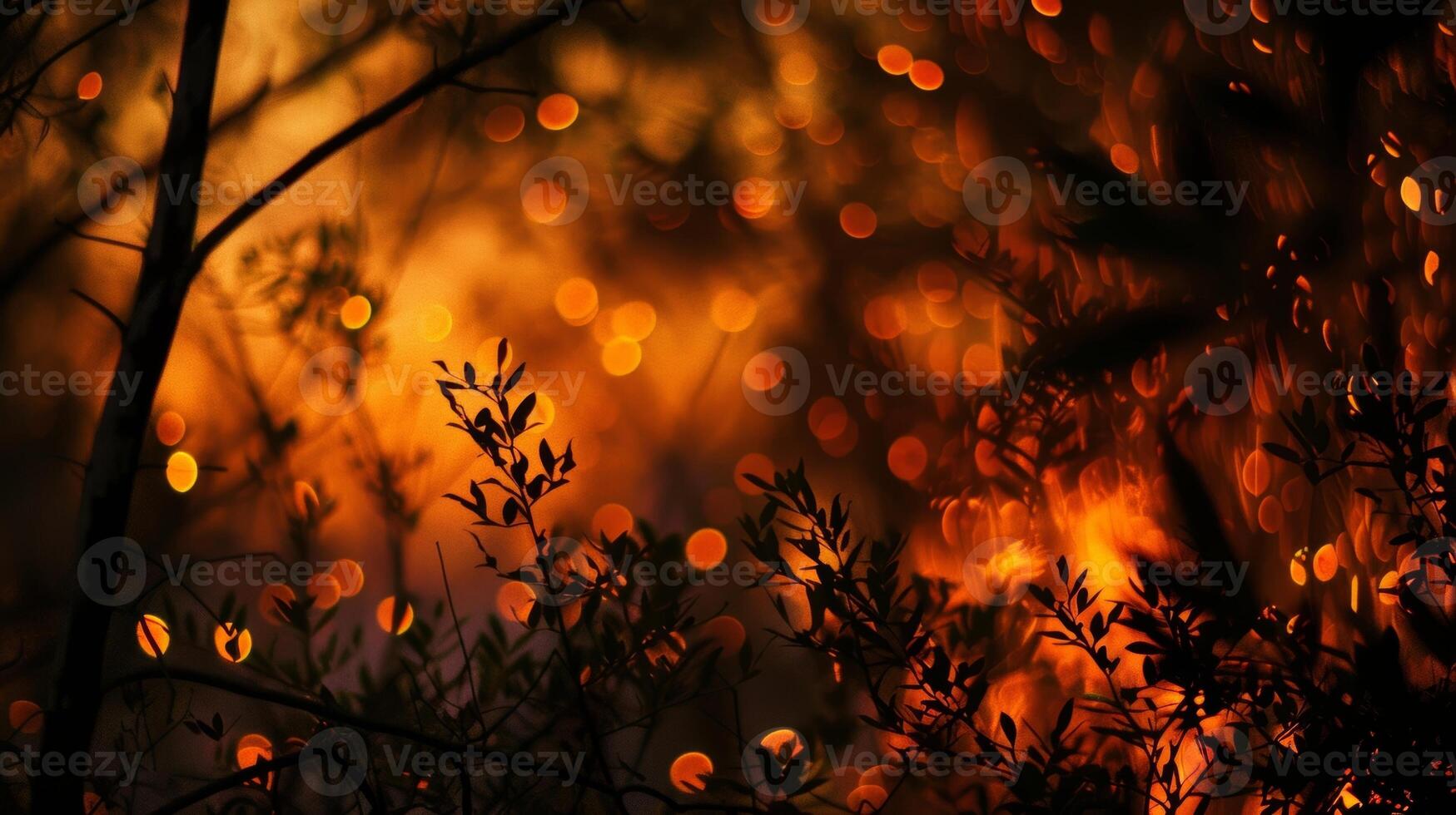 The surrounding trees are silhouetted against the orange glow of the fire creating a picturesque backdrop. 2d flat cartoon photo