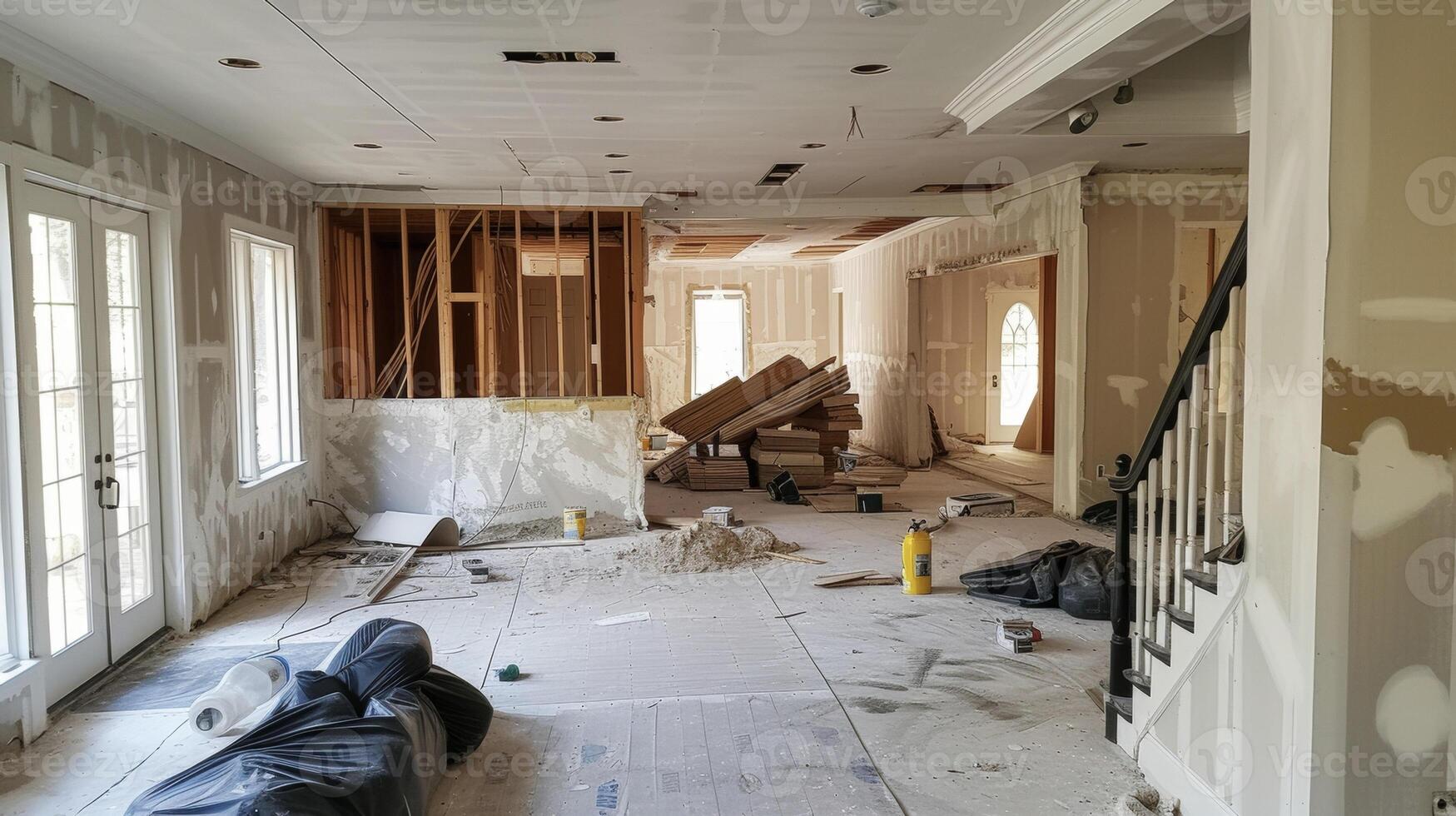 A dramatic transformation is underway as the drywall team carefully covers old damaged walls with fresh panels creating a clean and modern look for a family room makeover photo