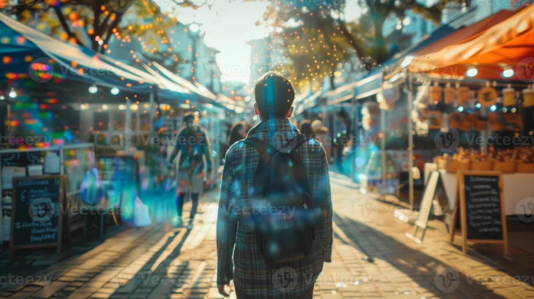 A person walking through a farmers market stopping at a craft beer stand to try a new flavor photo