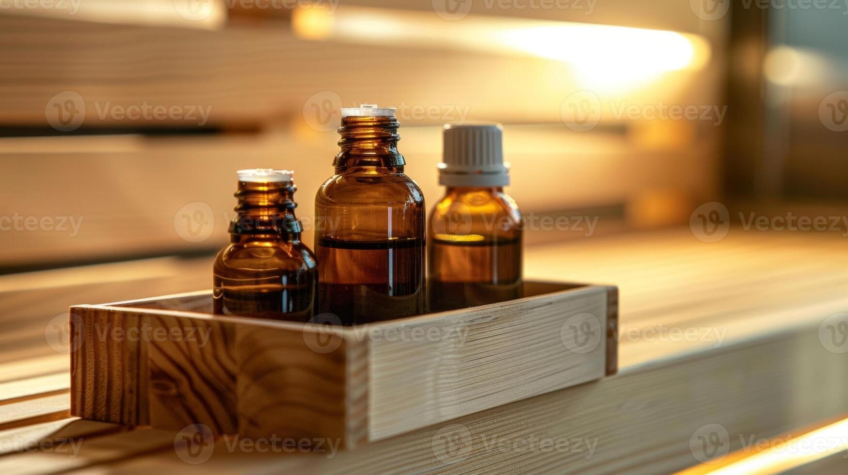 A box of essential oils sitting on the sauna bench offering a natural way for travelers to rejuvenate their senses. photo
