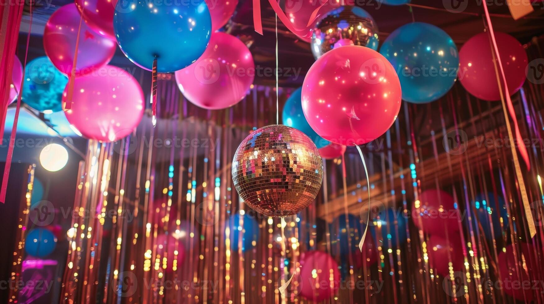 A decorated venue with streamers balloons and disco balls giving off a nostalgic feel for the adult prom theme photo