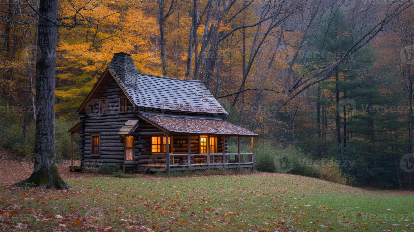 un acogedor cabina en el bosque servicio como el ajuste para un Jubilación escritura taller dónde personas mayores lata piedra de afilar su literario talentos foto