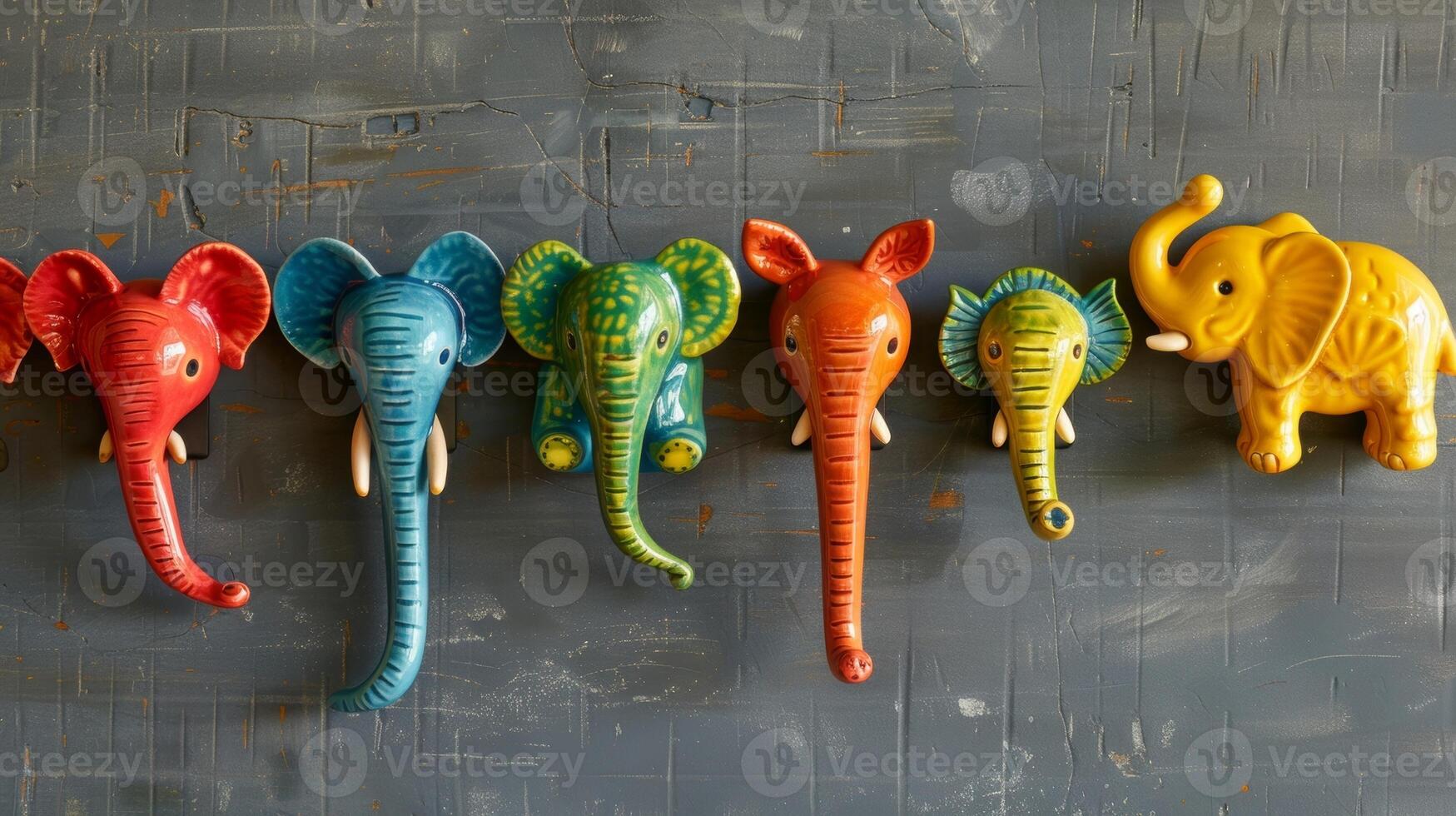 A set of colorful ceramic coat hooks each one shaped like a different animal and painted with bright eyecatching hues. photo