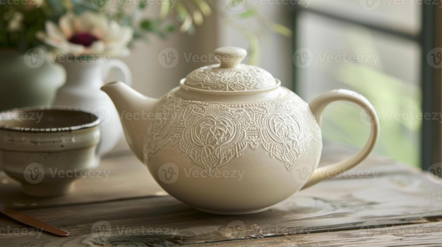 A ceramic teapot is adorned with a delicate lace pattern created by pressing a doily into the surface and carefully removing it to leave a beautiful imprint. photo