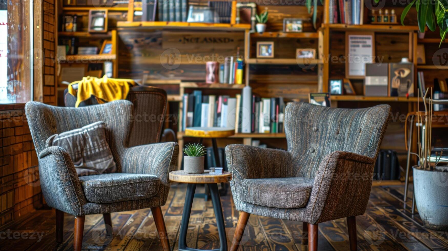 A cozy corner with comfortable chairs and a shelf full of books where customers can relax and enjoy their personalized coffee blend in peace photo
