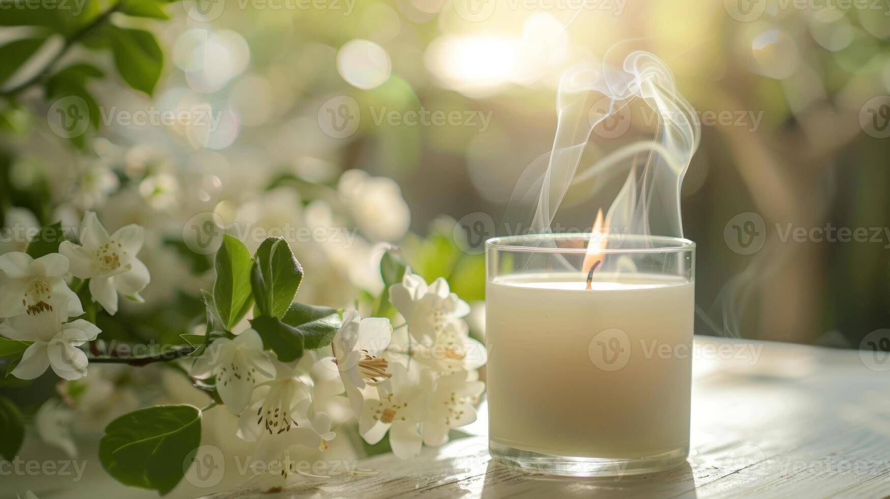 Trailing wisps of smoke from a freshly extinguished candle leaving behind a lingering scent of sandalwood and jasmine photo