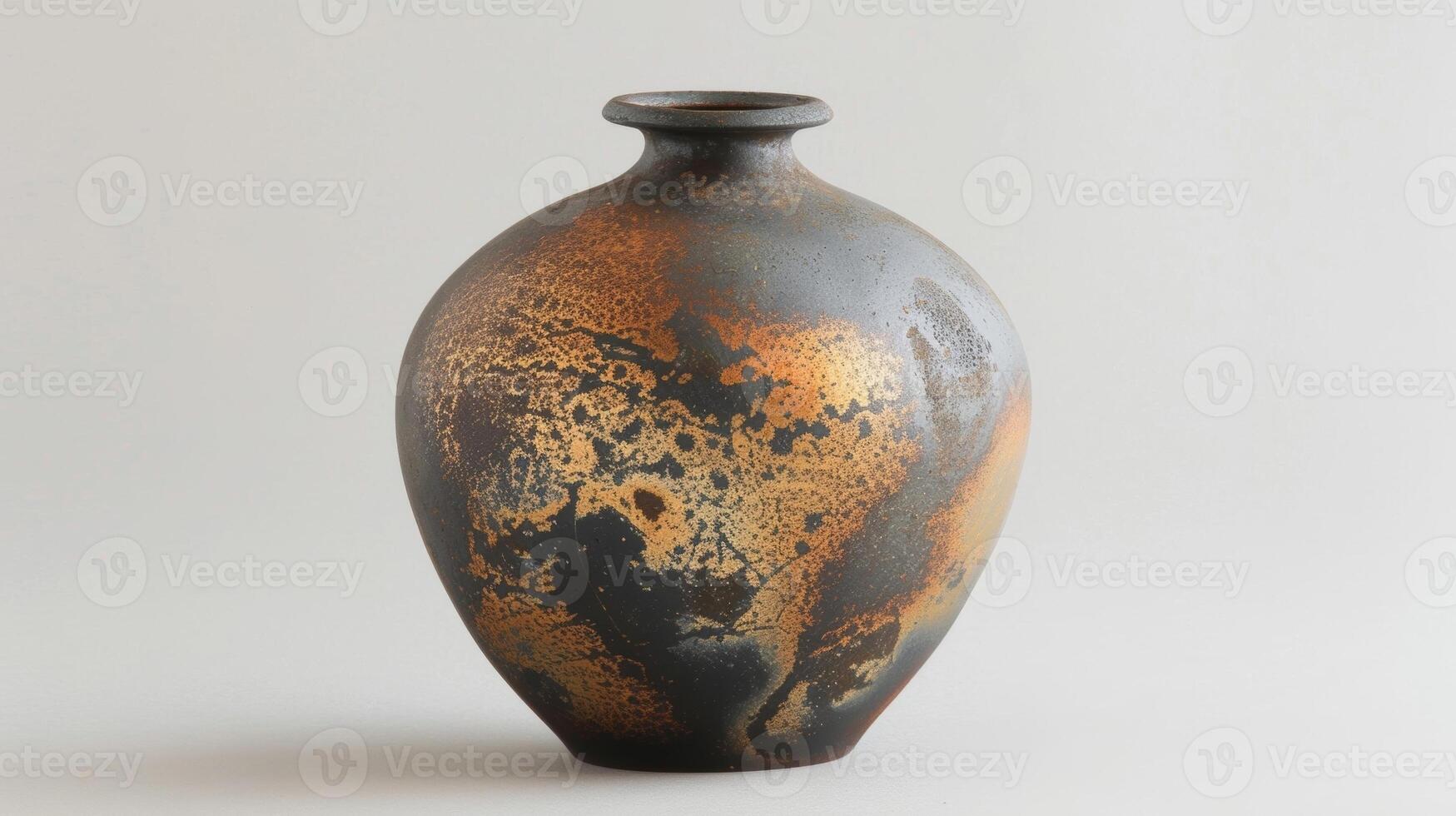 A small vase with a glossy black surface and areas of metallic gold and bronze representing the unique and complex glaze combinations possible through soda firing. photo