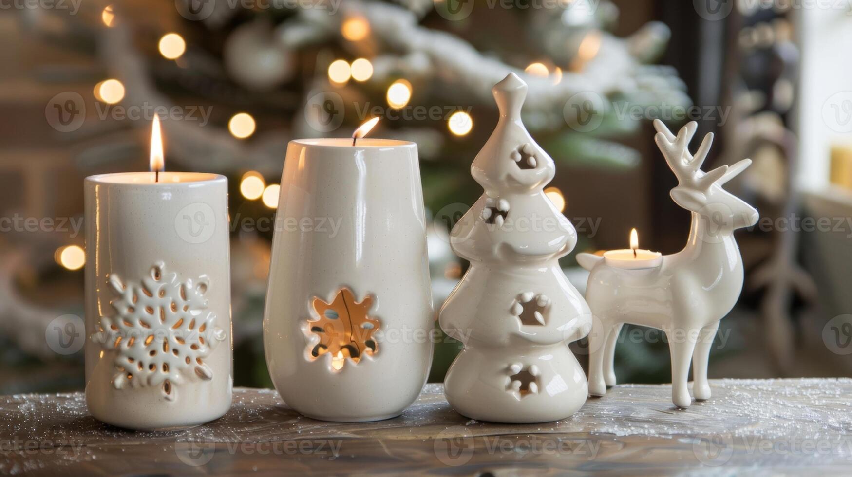 A trio of ceramic candle holders each shaped like a different holiday icon a snowflake a reindeer and a Christmas tree. photo