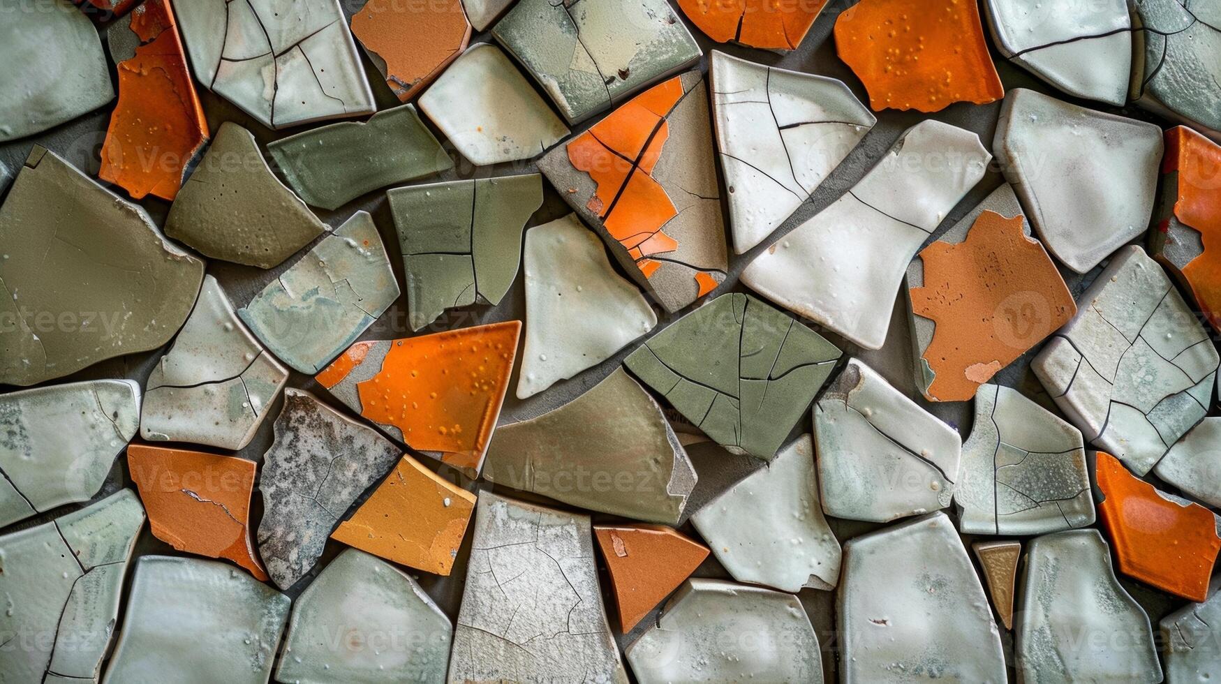 A mosaicstyle ceramic wall installation using broken pieces of pottery to create a unique and textured design. photo