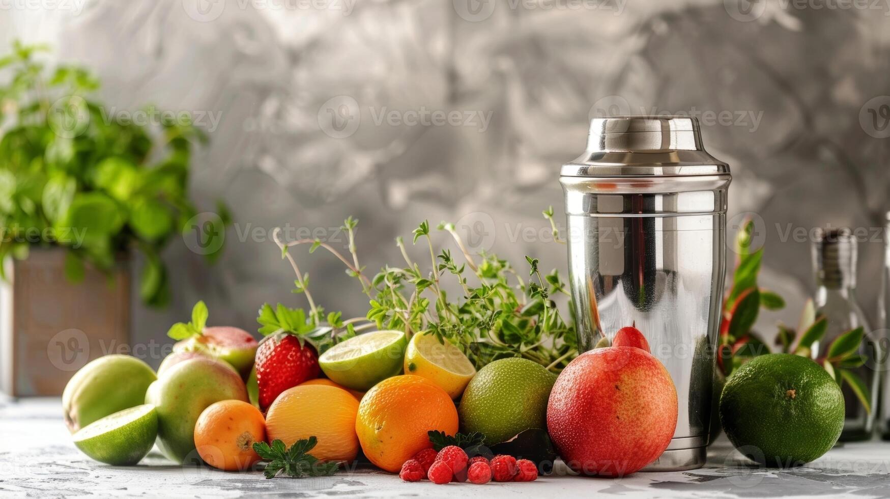 A stylish mocktail shaker sits next to a variety of fresh fruits and herbs ready to be used in the creation of innovative alcoholfree drinks photo