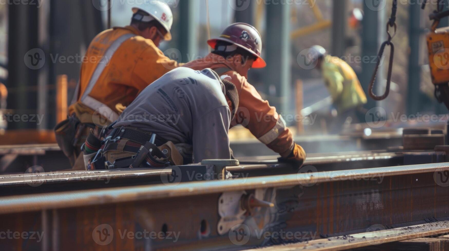 Every movement of the workers is calculated and purposeful as they maneuver the steel pieces into place creating a harmonious rhythm photo