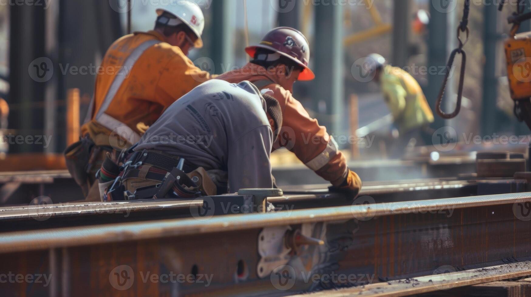 cada movimiento de el trabajadores es calculado y útil como ellos maniobra el acero piezas dentro sitio creando un armonioso ritmo foto