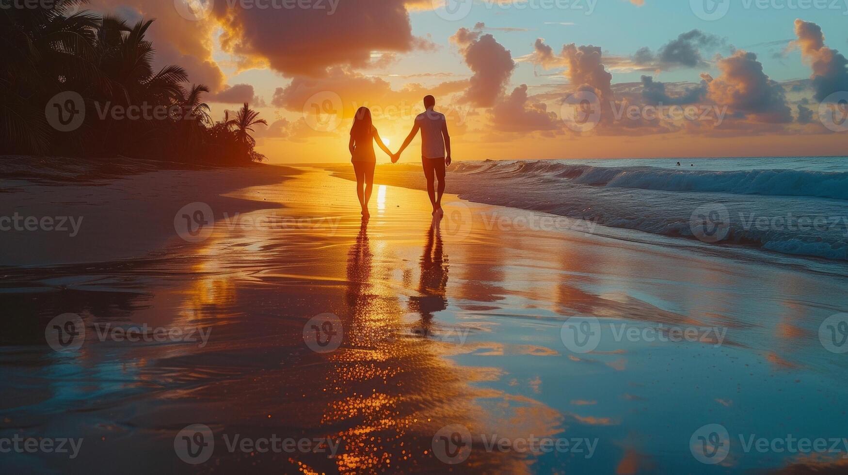 A couple holding hands as they wander along the beach at sunset their silhouettes fading into the warm colors of the sky in search of treasures hidden a the sand photo