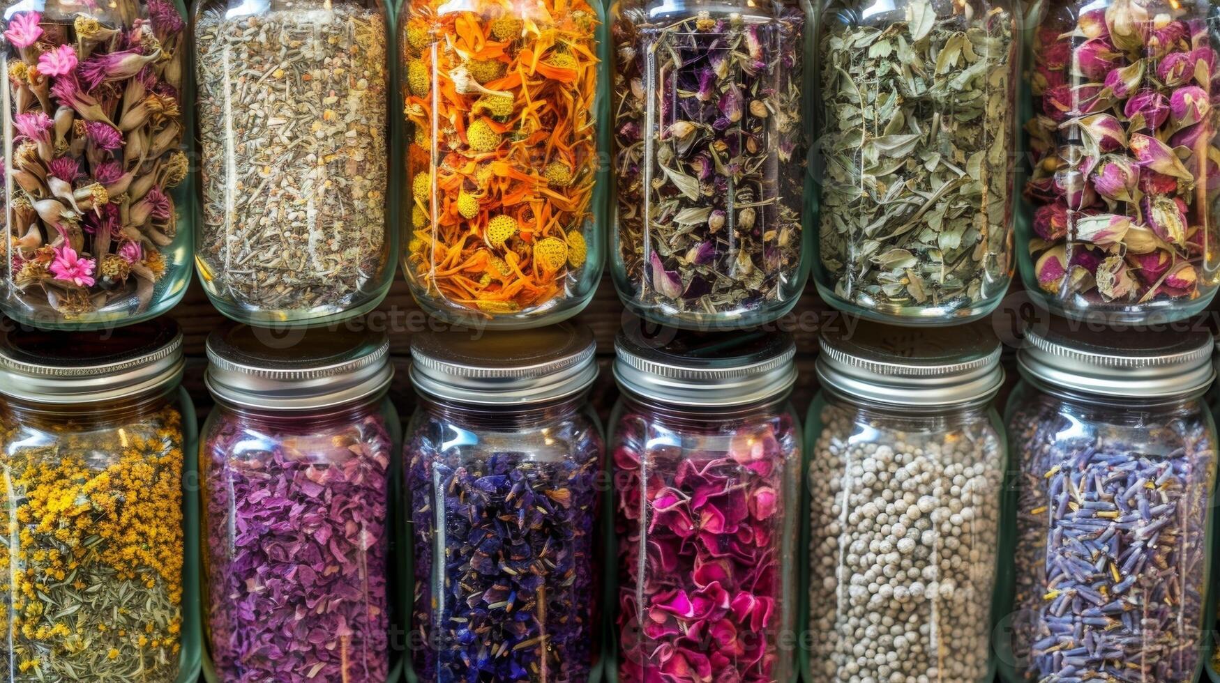 A closeup of a variety of dried herbs and flowers neatly displayed in jars and labeled with their corresponding names photo