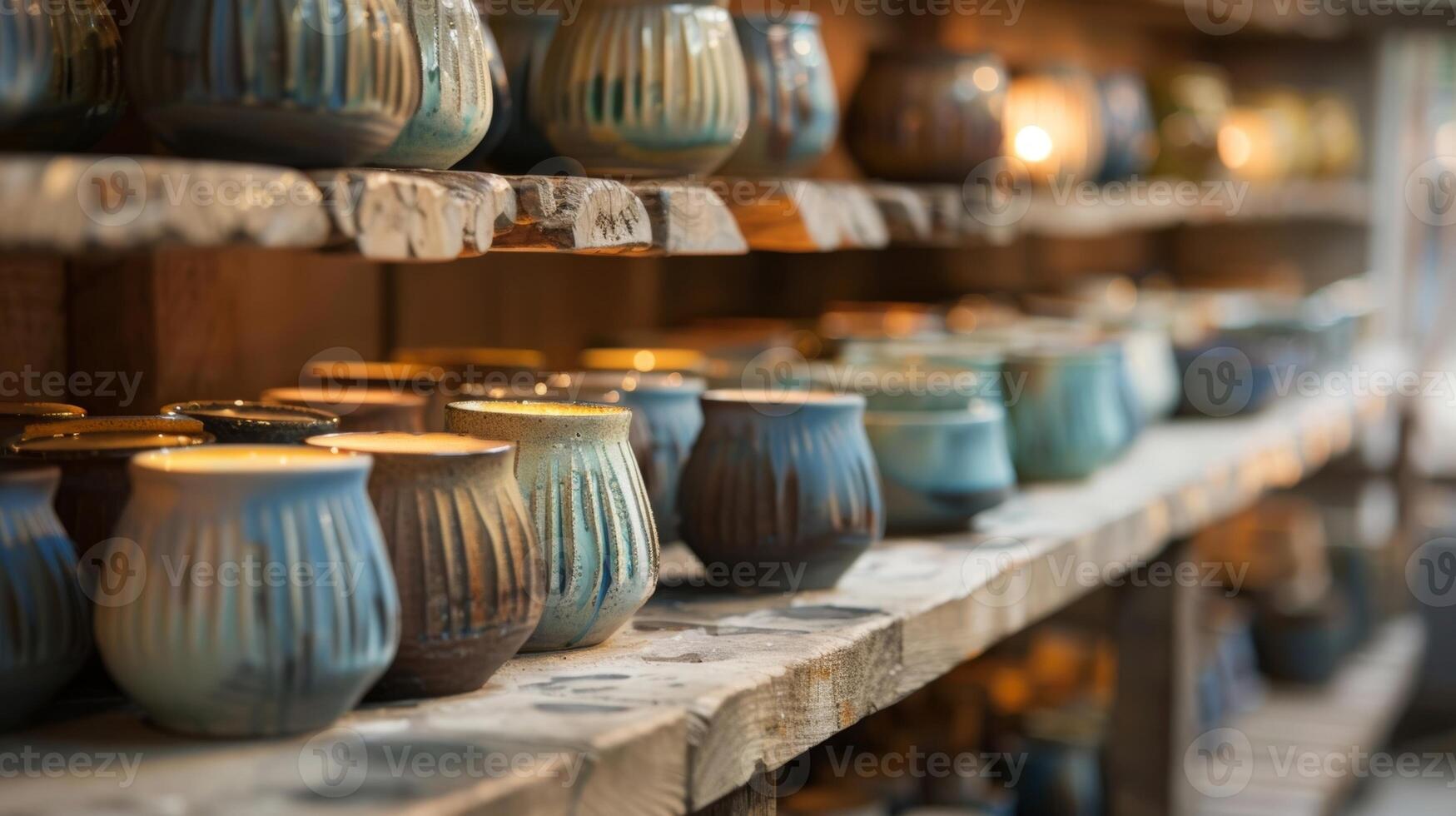 A set of delicate ceramic lampshades carefully p in a kiln their glossy glazes glistening in the soft light. photo