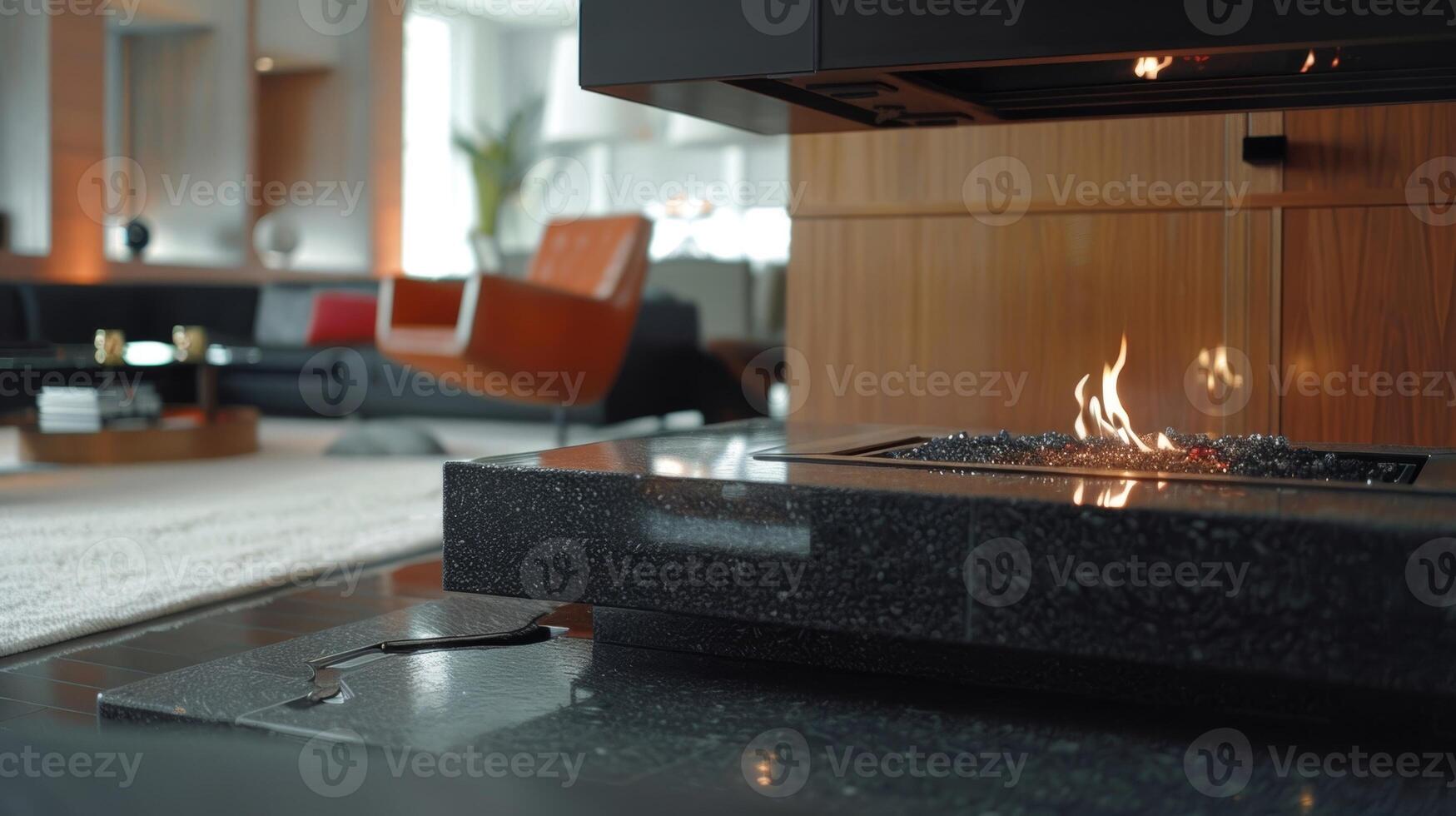 A statement piece in the room the fireplaces floating hearth is crafted from black granite and adds a touch of drama to the space. 2d flat cartoon photo