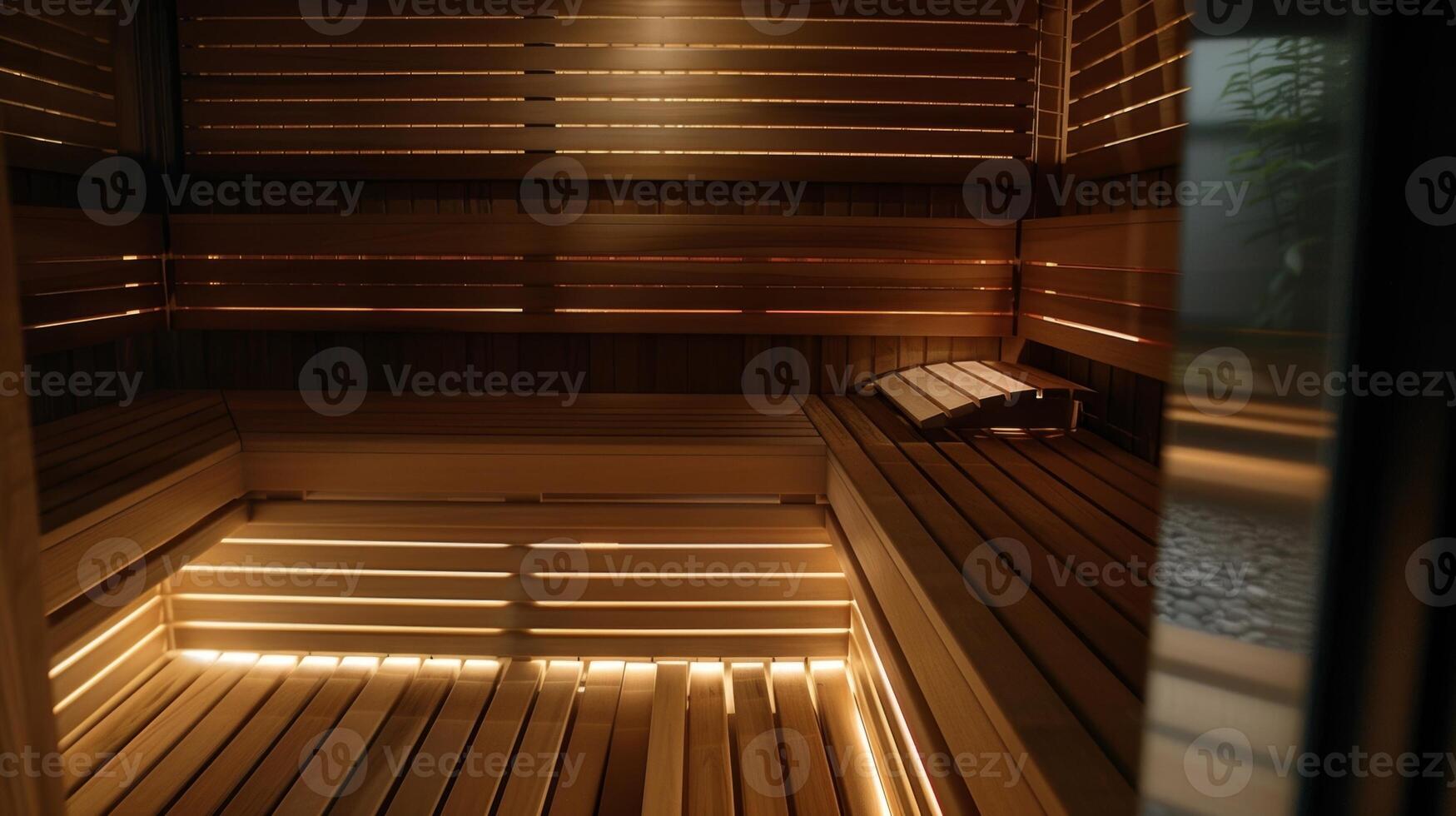 Privacy screens around each sauna bench providing a sense of seclusion for guests. photo