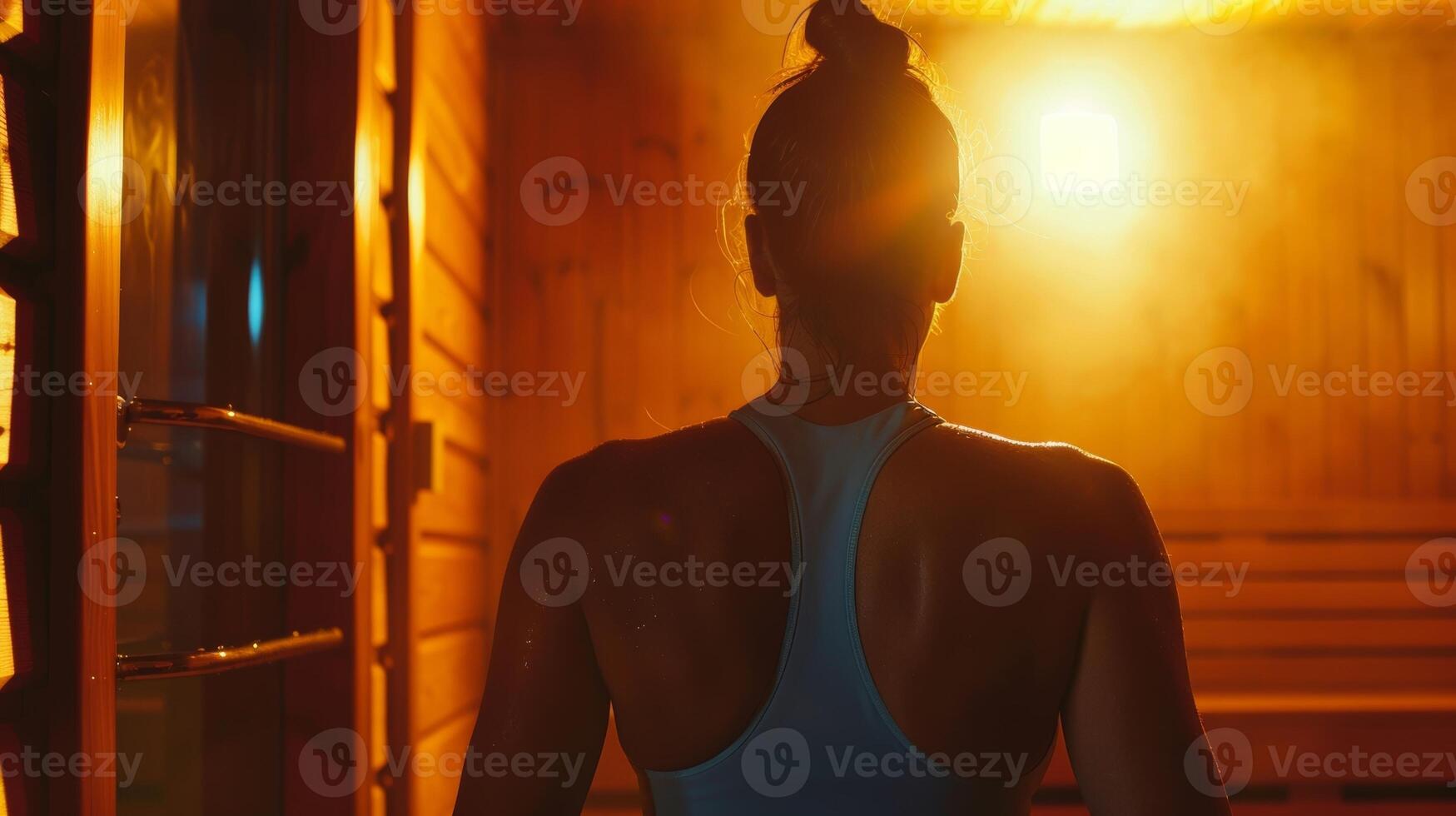 A woman enters the sauna after completing a hot yoga class her skin glistening with sweat and her muscles warmed up and ready for the deep heat of the sauna. photo