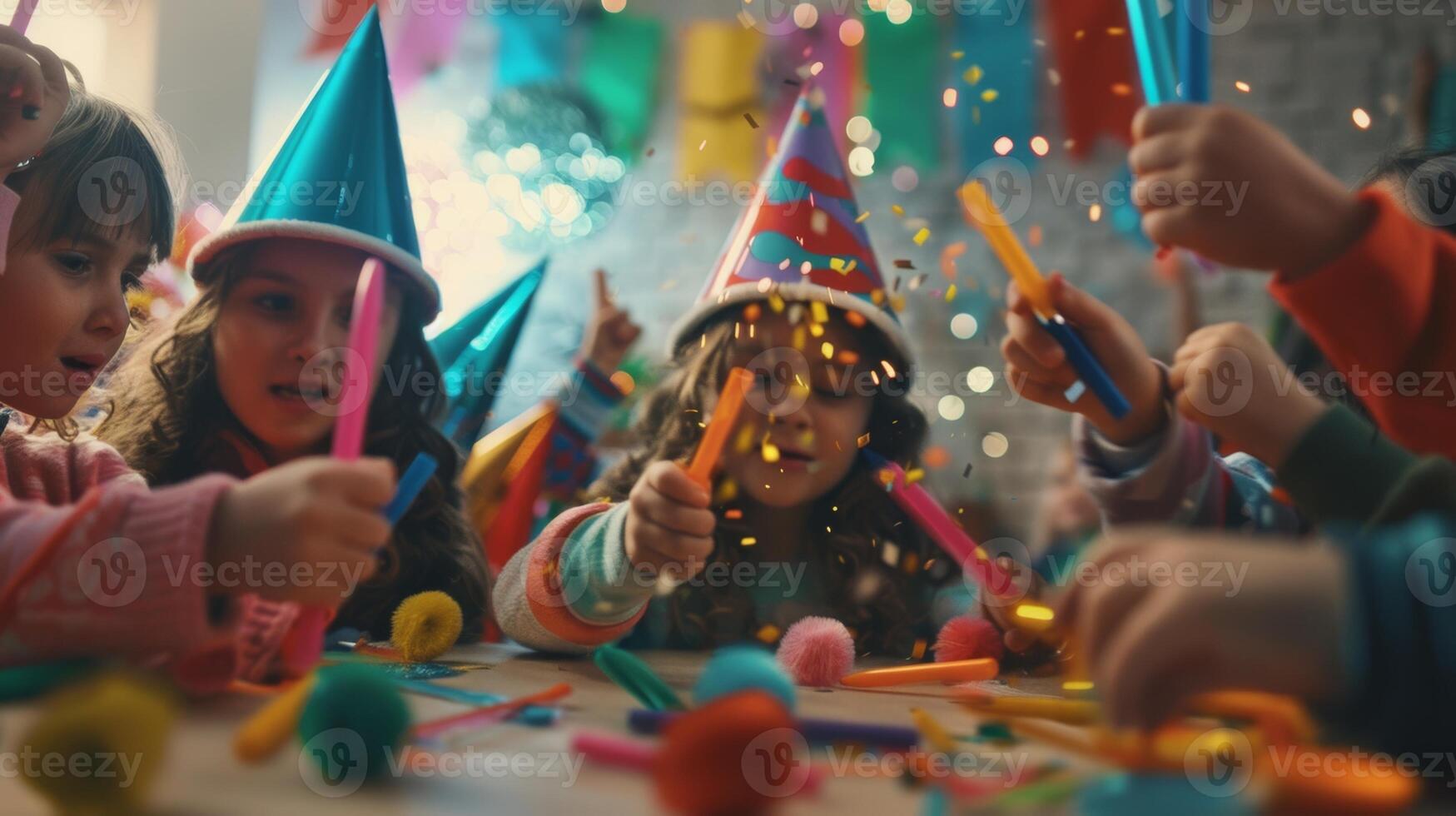 Children eagerly crafting colorful party hats and noisemakers to welcome the New Year photo