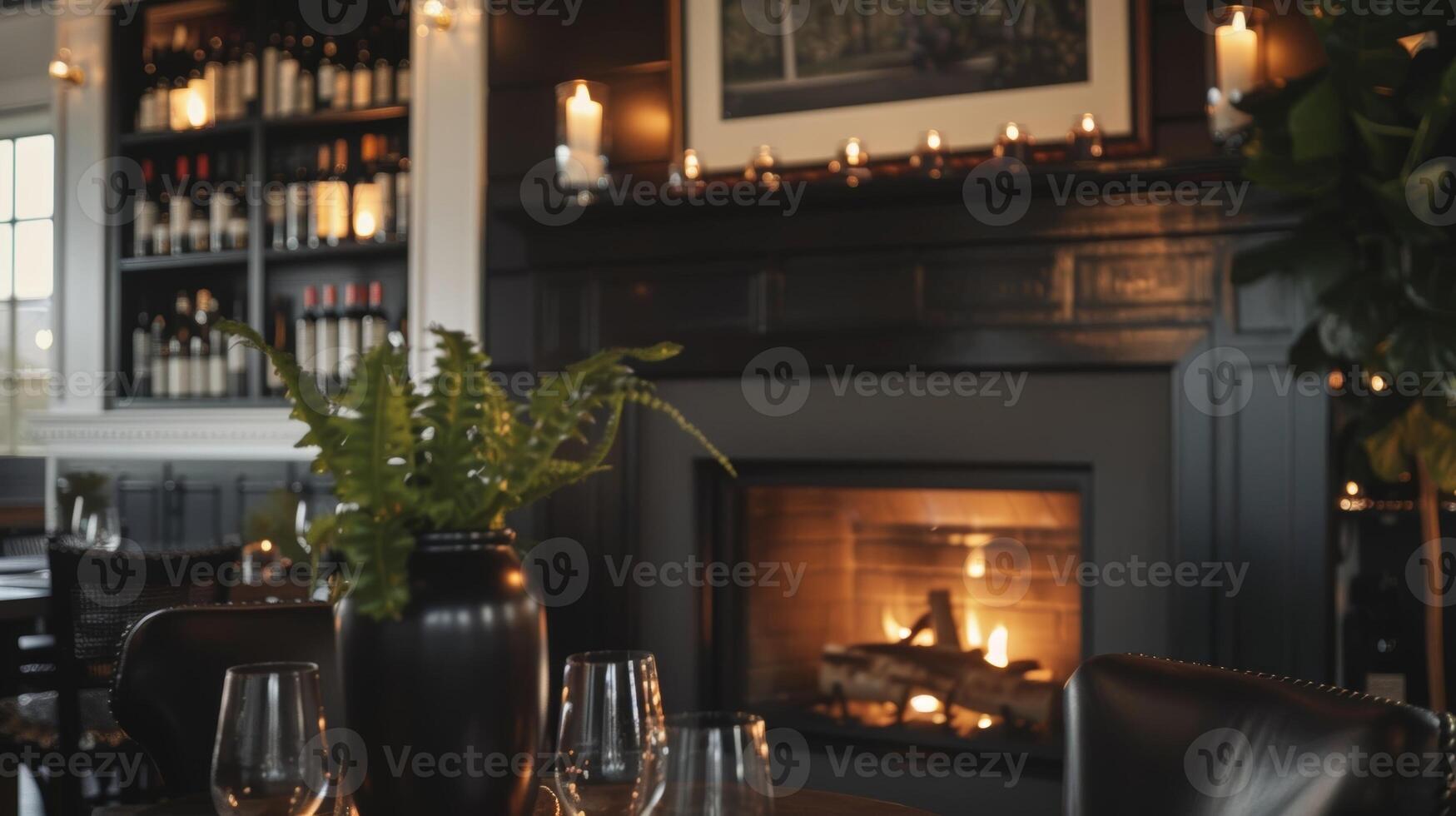 The simplicity of the black and white color scheme is beautifully accented by the warm glow of the fireplace creating a soothing and sophisticated atmosphere in the 2d flat cartoon photo