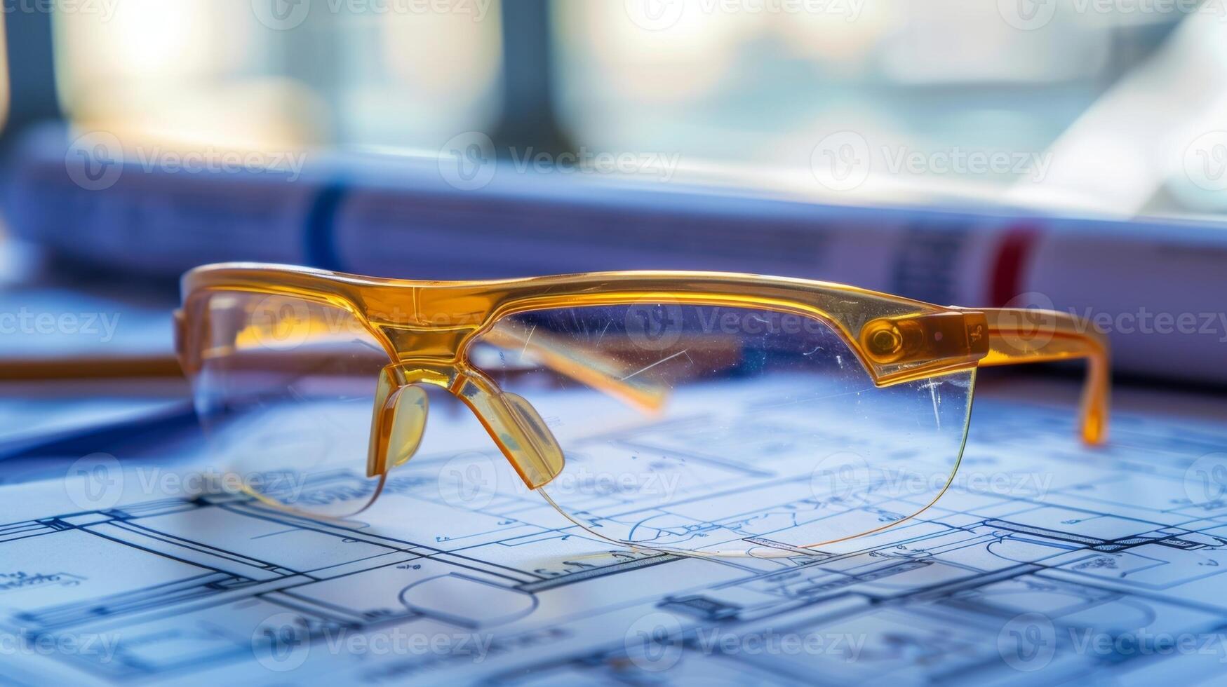 A pair of safety glasses tinted to protect against bright sunlight resting on a pile of construction plans and blueprints photo