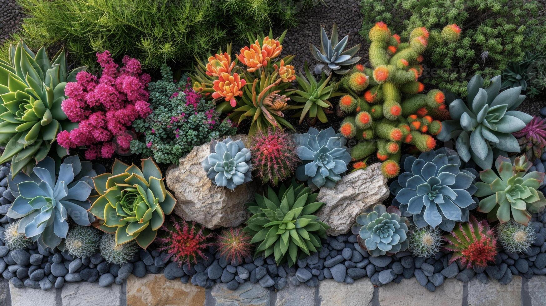 un gastos generales Disparo de un frente yarda ese tiene estado transformado dentro un negrita y vistoso Desierto oasis con un variedad de vibrante cactus y suculentas tomando centrar etapa foto