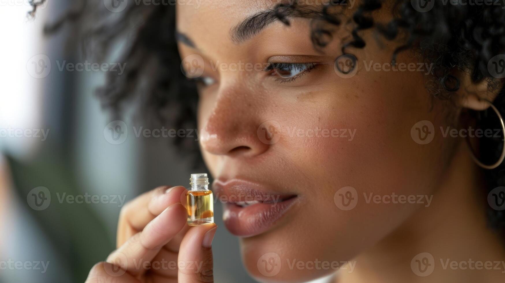 A client holds a small vial of liquid up to her nose taking in the scent before deciding if its the perfect blend photo