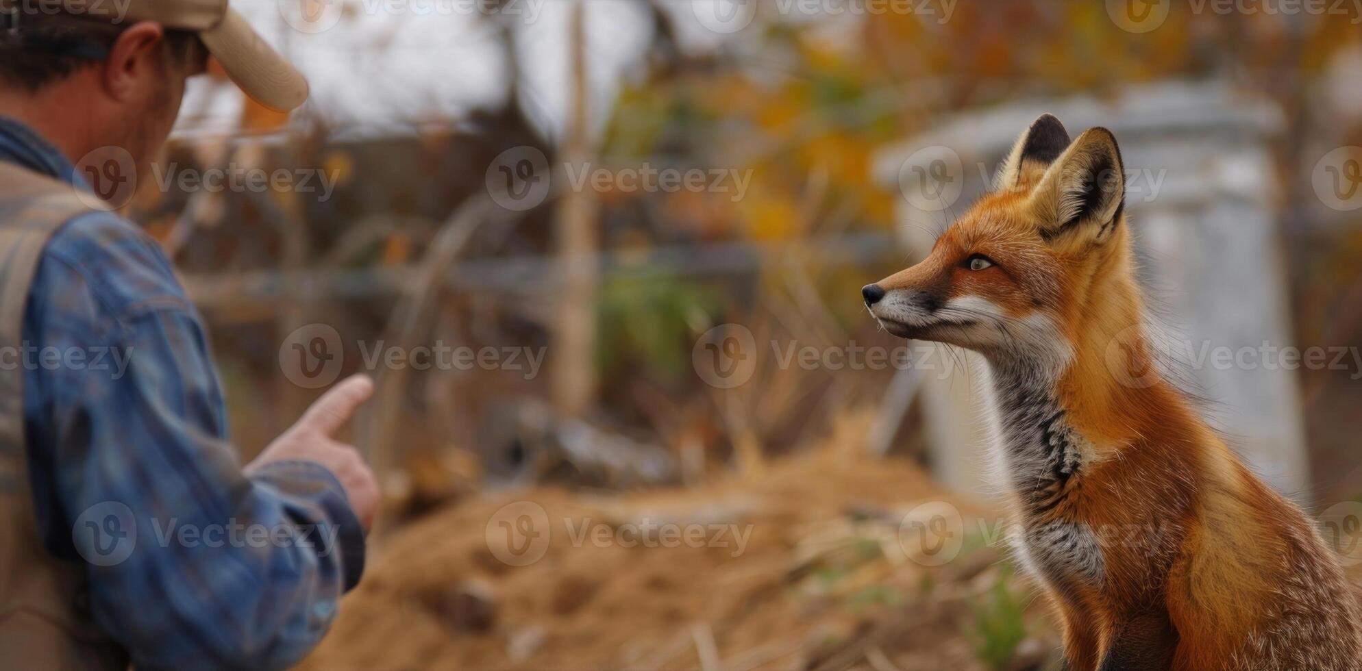 A young fox peering curiously at a construction site from a safe distance while a construction worker points to a nearby designated wildlife corridor that has been set up for the animal photo