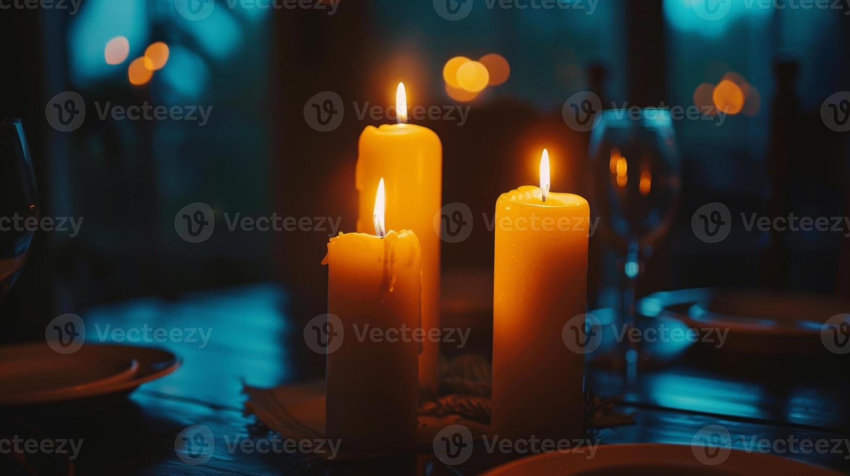 The candles flicker in harmony creating a serene and calming atmosphere for the dinner. 2d flat cartoon photo