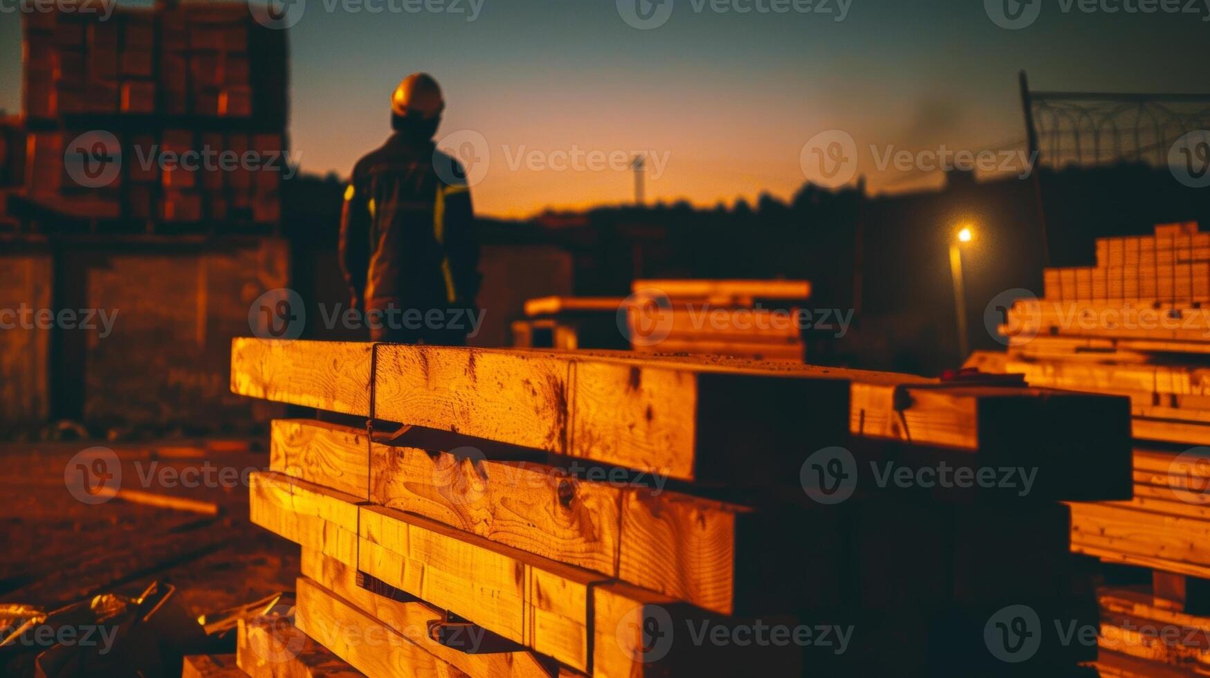 un solitario figura en un difícil sombrero soportes detrás un apilar de de madera tablones topografia el Progreso de un nuevo edificio debajo el cubrir de noche foto