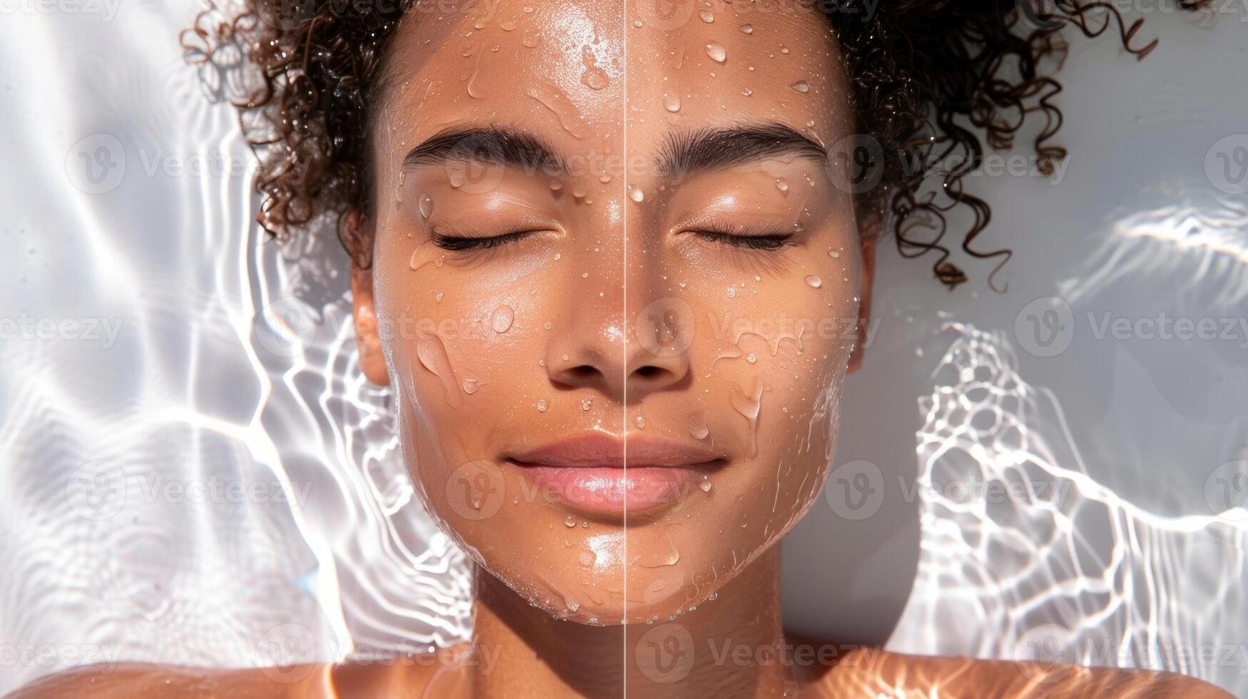 A sidebyside comparison of a persons skin before and after proper hydration for a sauna session showcasing the difference in radiance and glow. photo