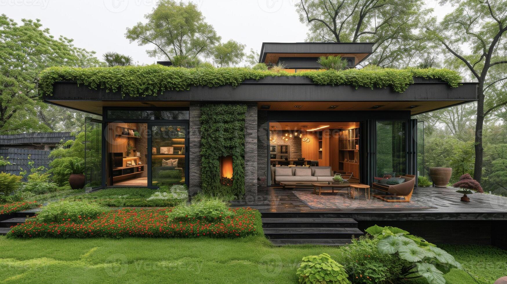 An ecofriendly home is showcased with the addition of a green roof system providing not only a beautiful outdoor space but also reducing stormwater runoff and improving ai photo
