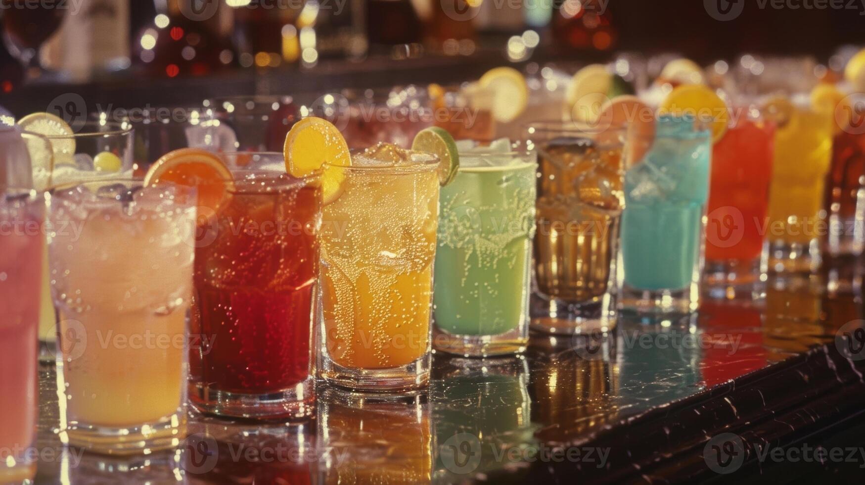 An array of colorful and artistically presented nonalcoholic drinks lined up on a counter photo