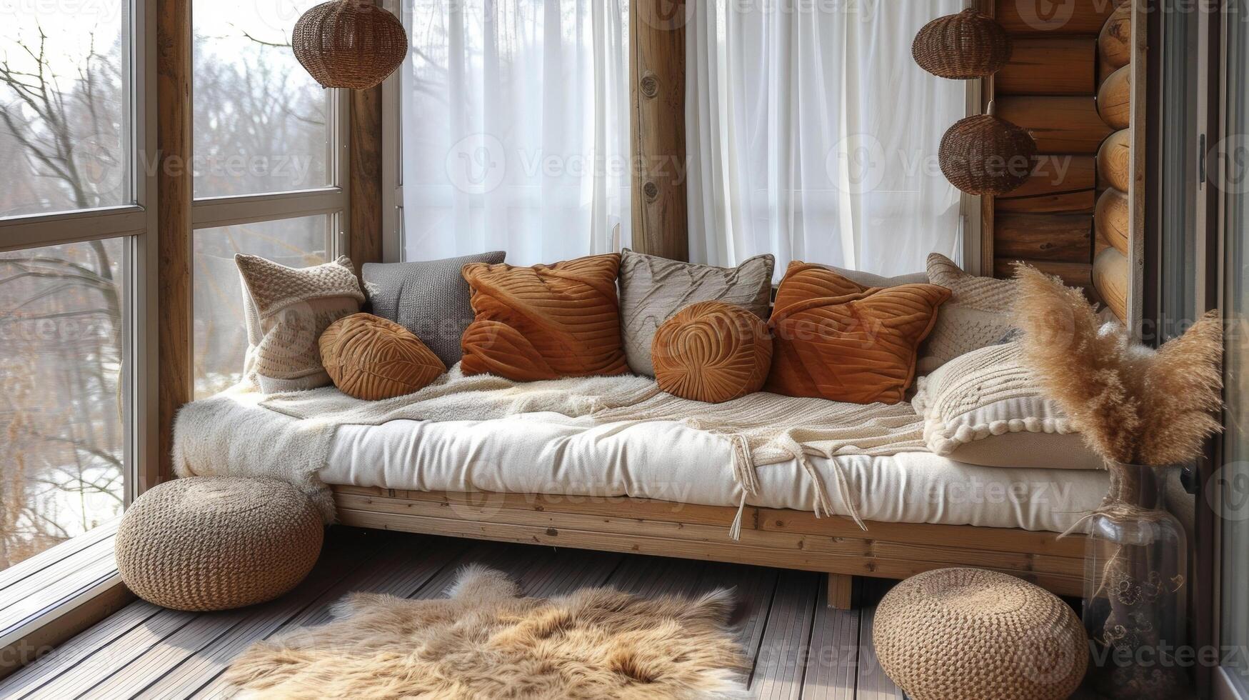 A sophisticated balcony with a chic daybed elegantly dd with white curtains and adorned with plush cushions and a faux fur throw for ultimate comfort photo
