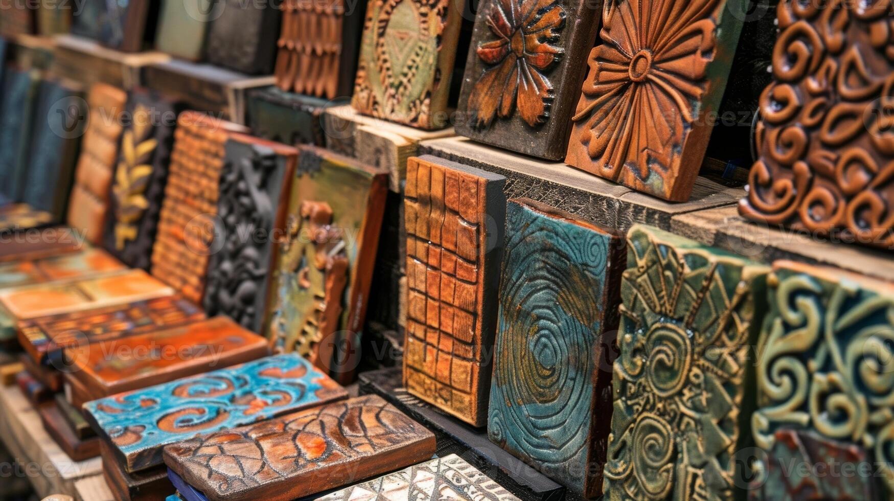 An array of unique clay tiles on display at an art fair each one showcasing the artists personal style and creative vision. photo