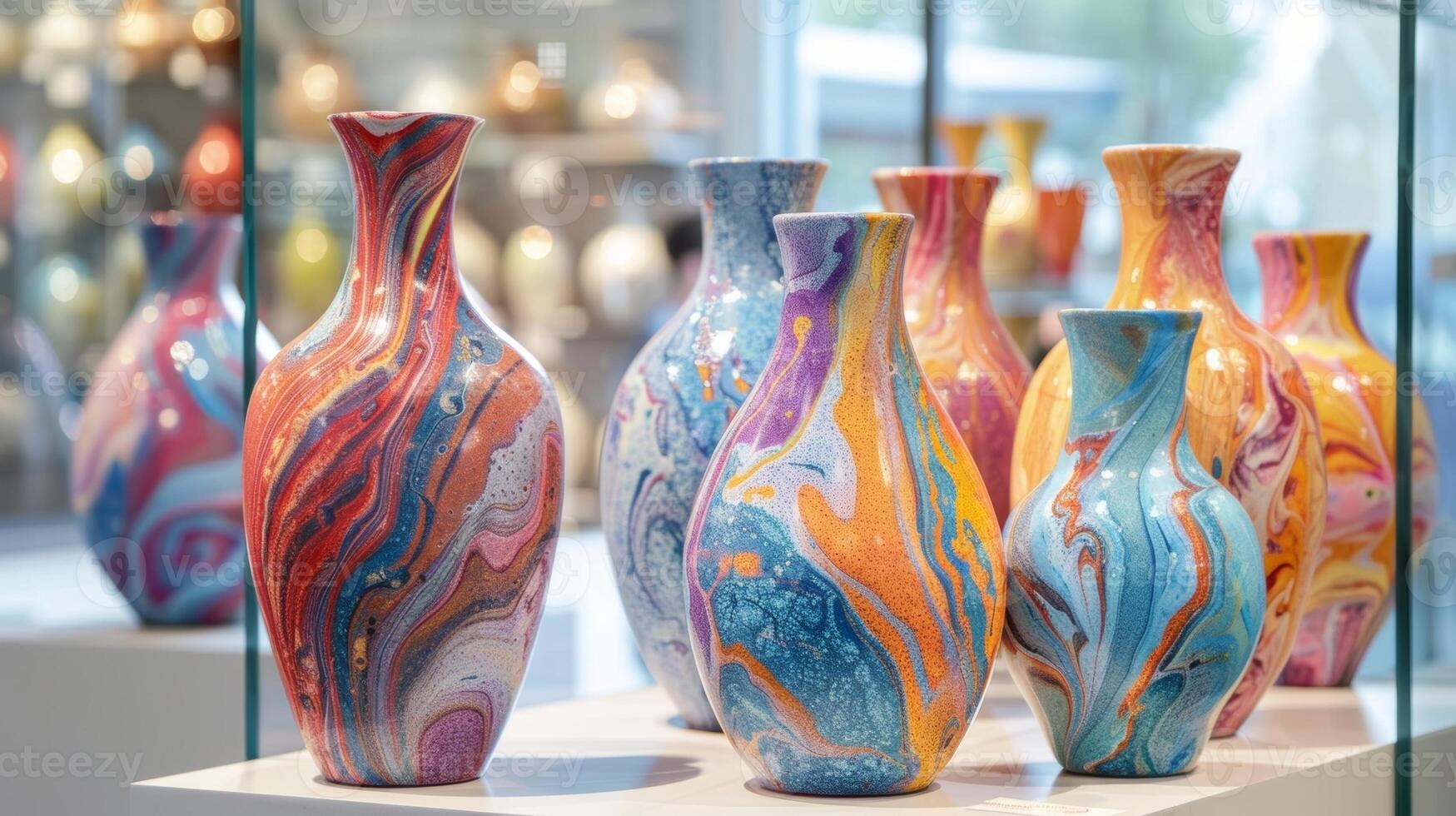 A display of ceramic vases painted with a unique marbling technique creating a stunning abstract design. photo