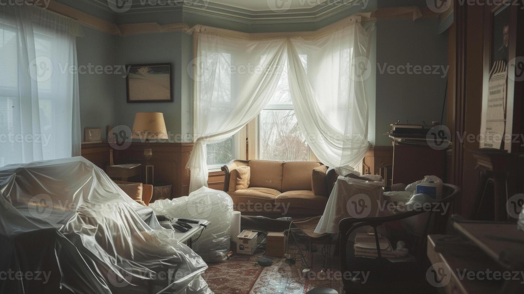 A photo of a living room with strategicallyp plastic sheets covering furniture capturing the reality of DIY dust and debris during renovations