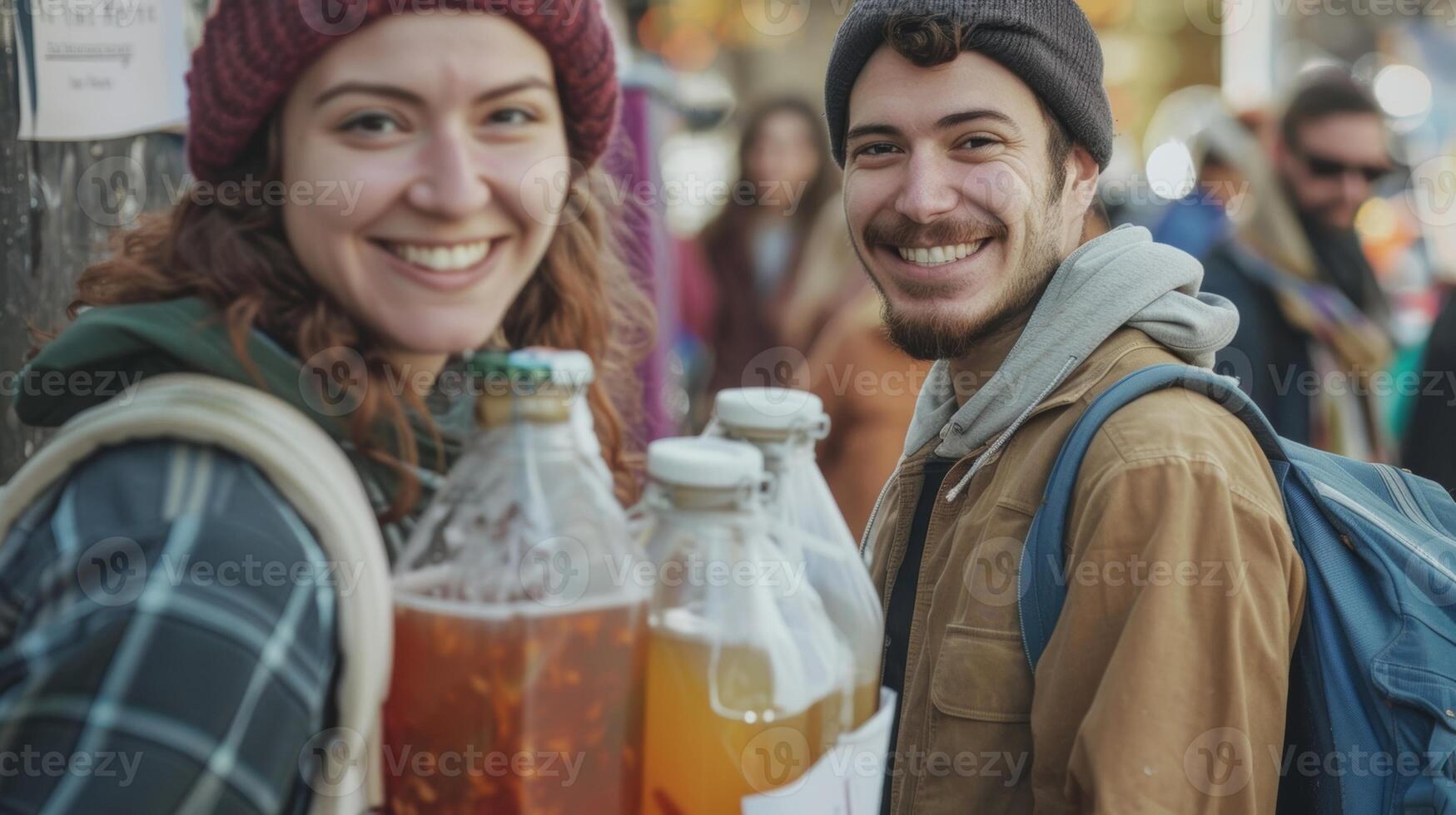 A happy couple enters the kombucha meetup smiling and carrying bags filled with their own homemade kombucha to share photo