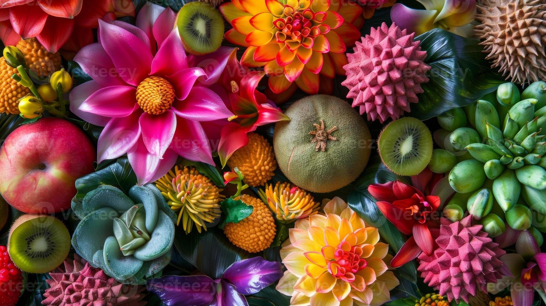 A variety of tropical fruits including coconut kiwi and guava carved into beautiful flowers and arranged together in a vibrant display photo