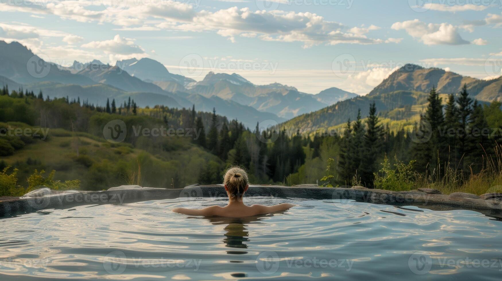A person relaxes in a natural hot tub surrounded by peaceful mountains taking a break from the bustle of daily life at a tailored wellness retreat that prioritizes rest and rejuvenation photo