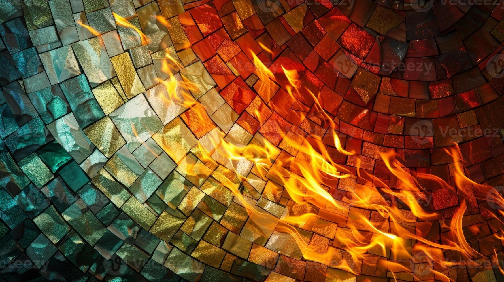 The vibrant colors of a mosaic sculpture are accentuated by the amber flames creating a mesmerizing contrast of light and dark. 2d flat cartoon photo